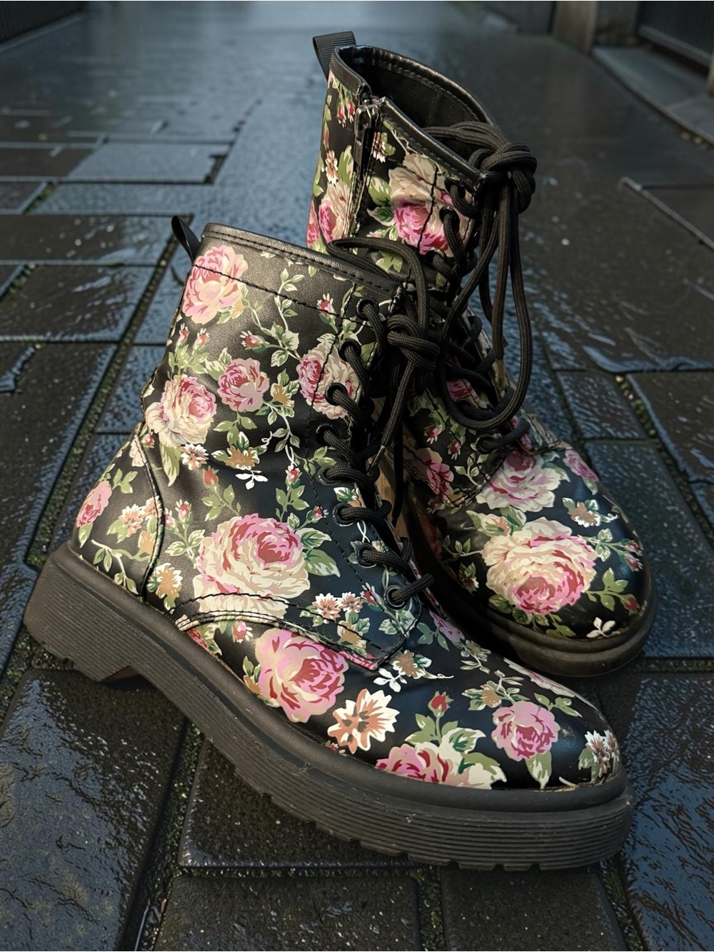 Target Women's Black Lace-Up Boots with Pink Floral Print